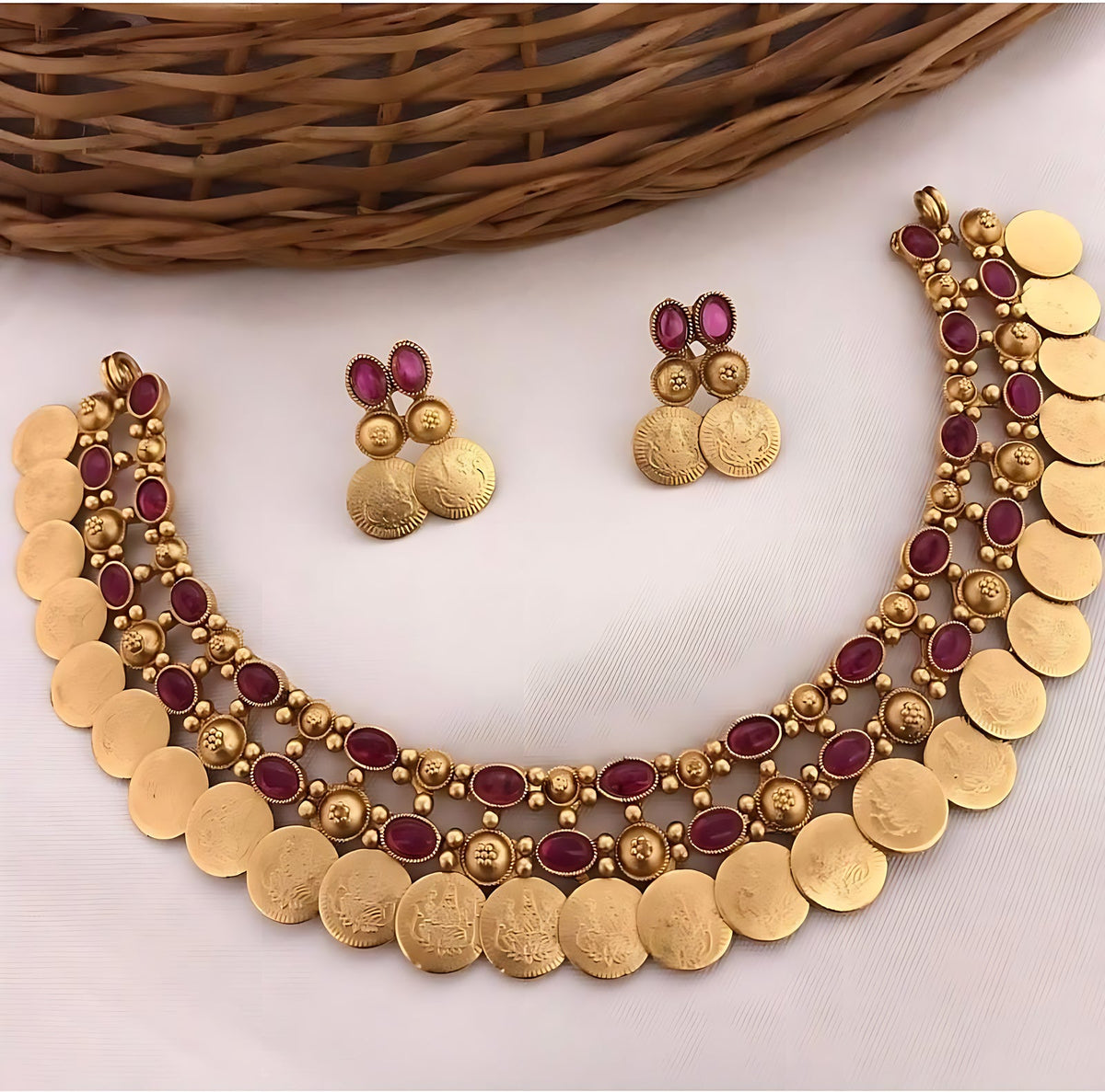 Jewel City Gold-Tone Coin Necklace Set with Emerald and Ruby Gemstones | Grocsy