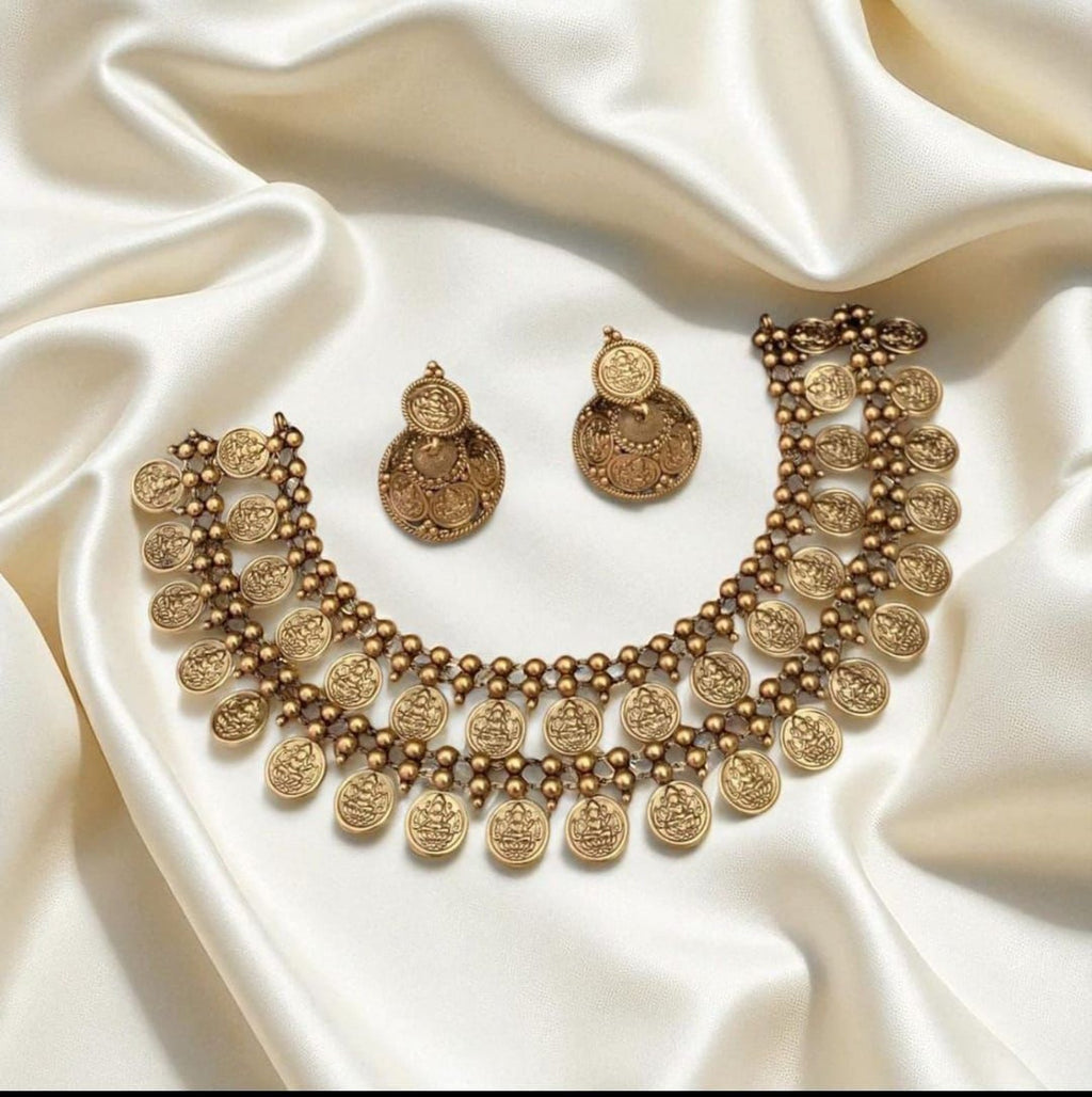 Jewel City Antique Gold-Plated Coin Necklace Set for Women | Traditional Temple Jewelry Choker with Earrings | Grocsy
