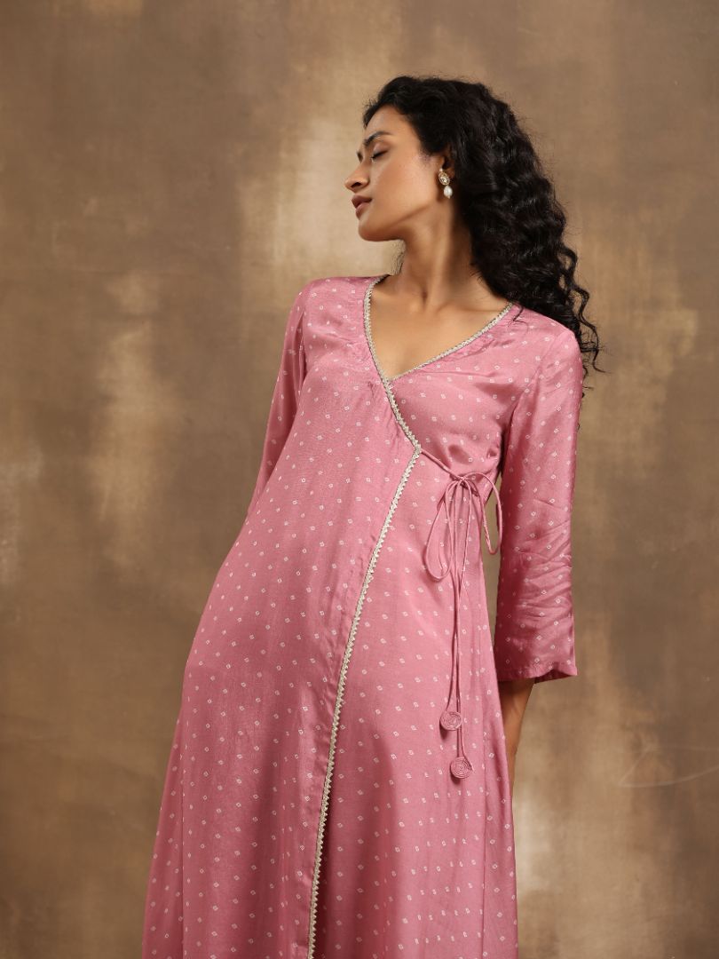 trueBrowns Light Mauve Bandhani Printed Silk Angrakha Kurta Pant Set | Grocsy
