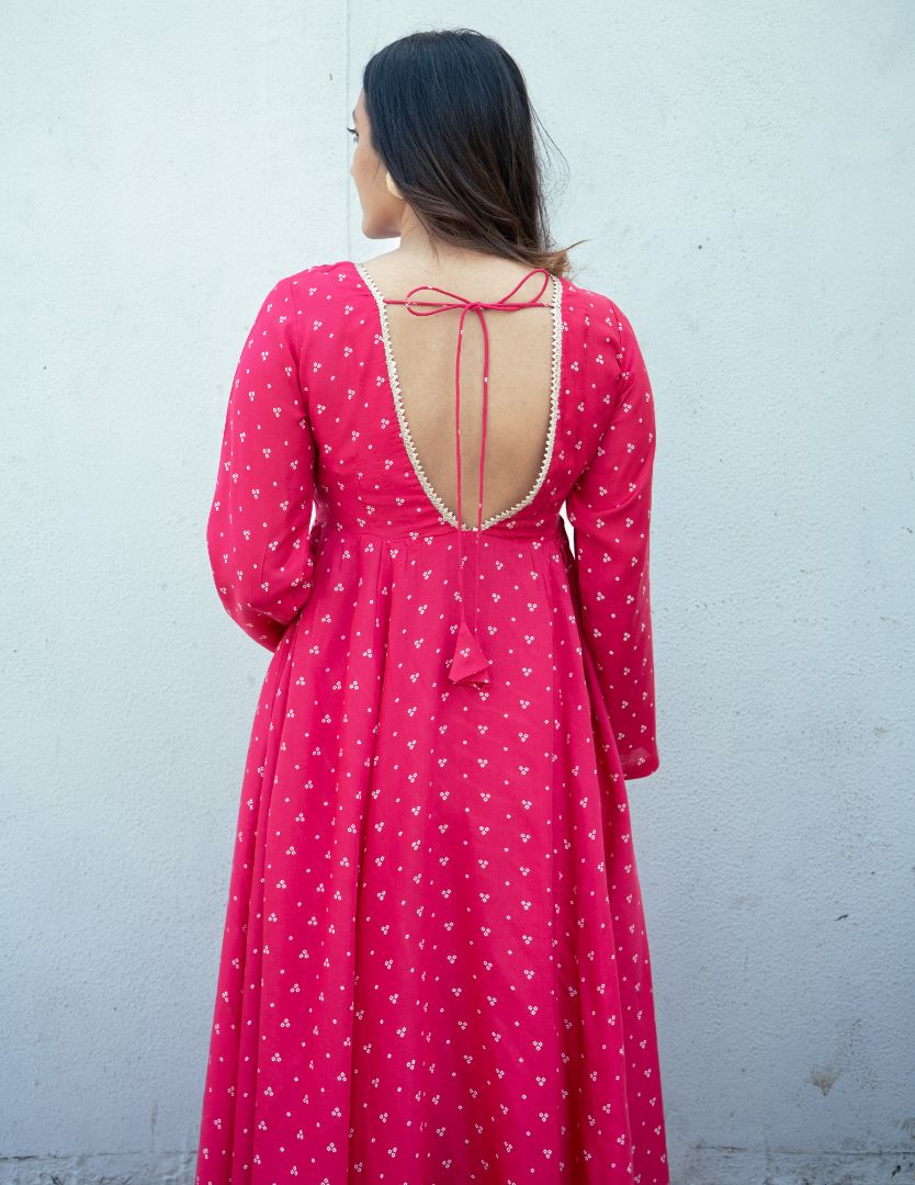 trueBrowns Pink Bandhani Printed Silk Anarkali Kurta Pant Dupatta Set | Grocsy