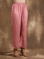 trueBrowns Light Mauve Bandhani Printed Silk Angrakha Kurta Pant Set | Grocsy