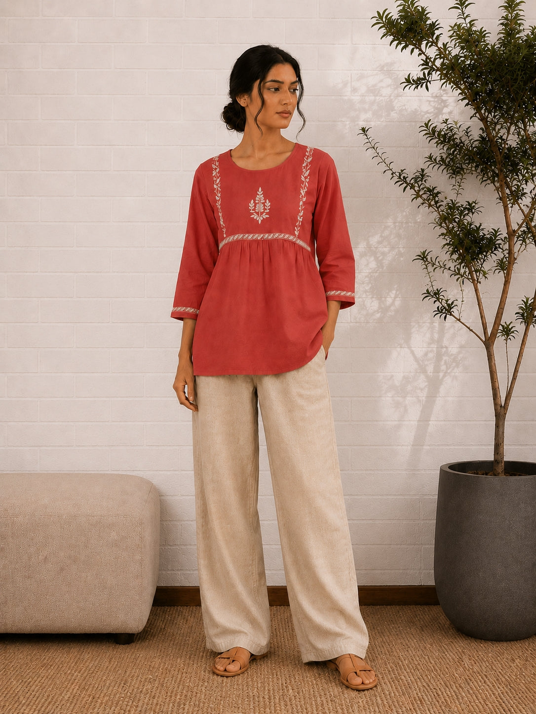 Gharana India Saheba Chikankari Red Cotton Top | Grocsy