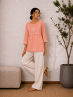 Gharana India Saheba Chikankari Peach Cotton Top | Grocsy
