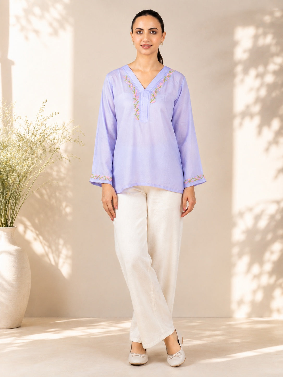 Gharana India Modal Lavender Top With Chikankari In Coloured Thread | Grocsy