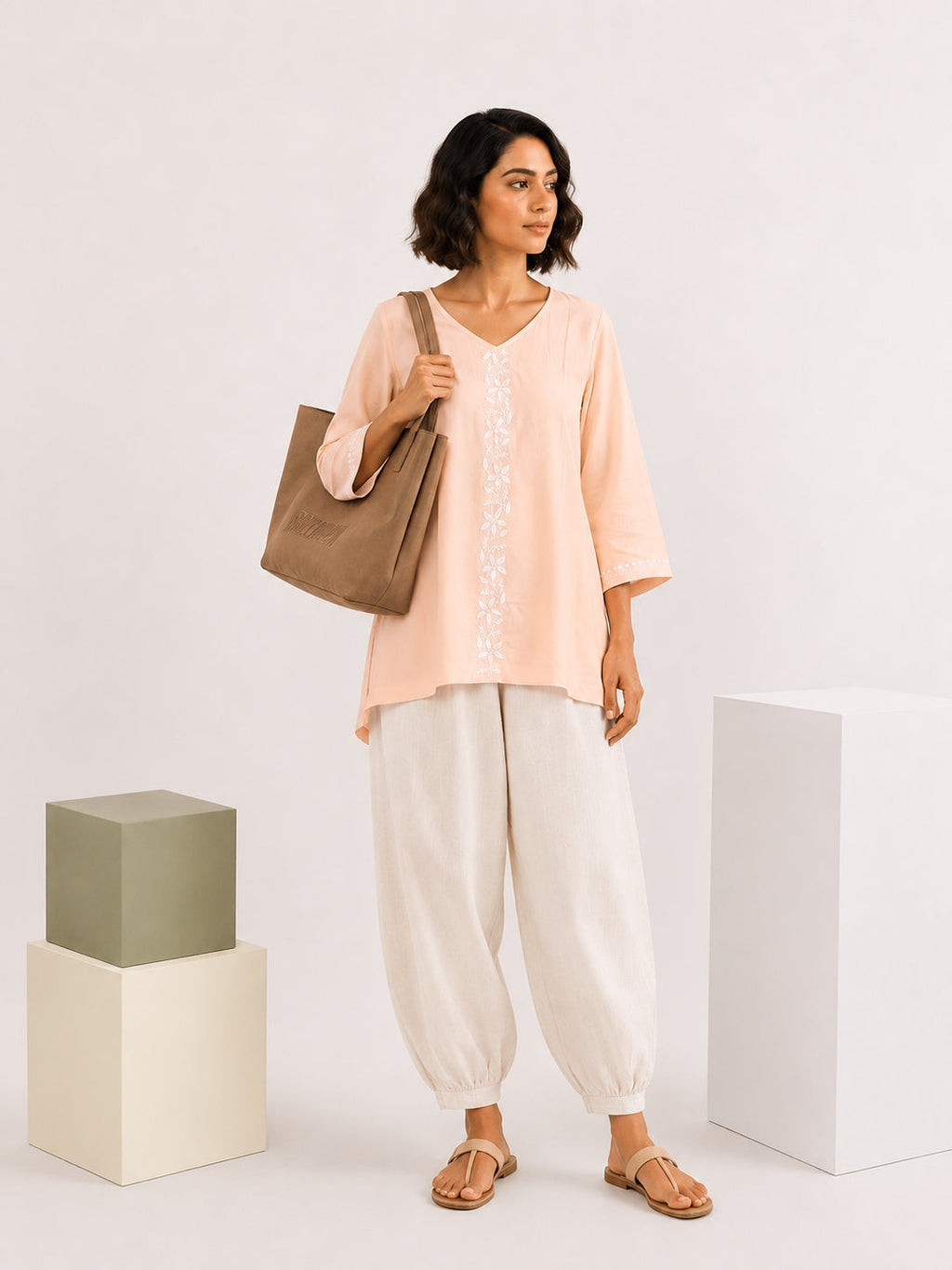 Gharana India Luxury Rayon Peach Coloured Chikankari Top | Grocsy