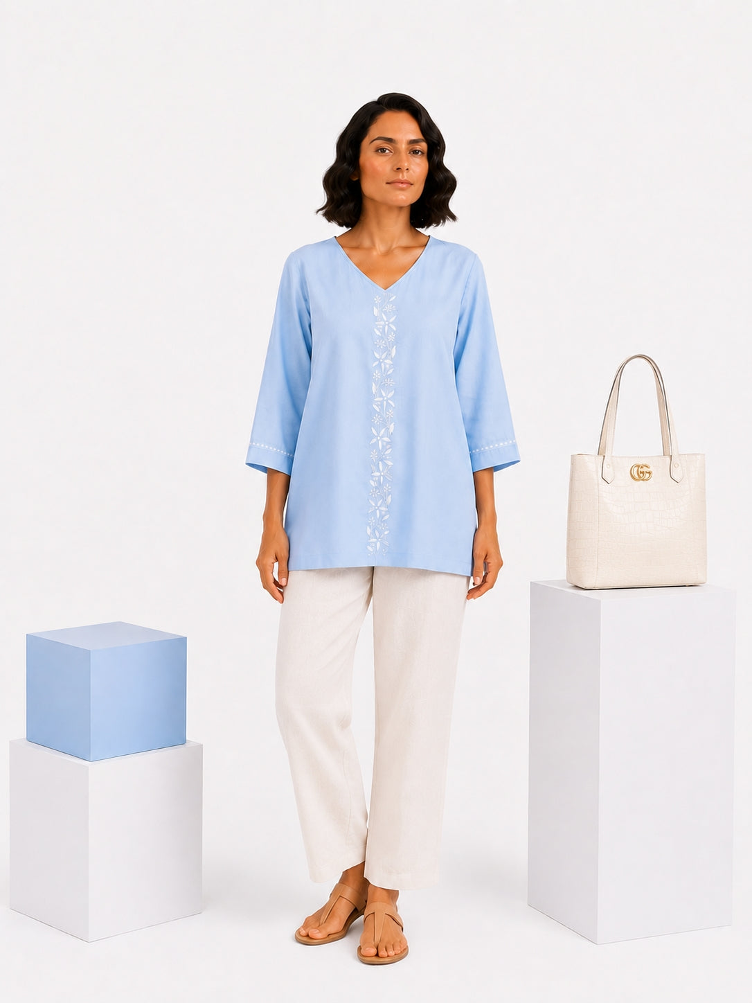 Gharana India Luxury Rayon Powder Blue Coloured Chikankari Top | Grocsy