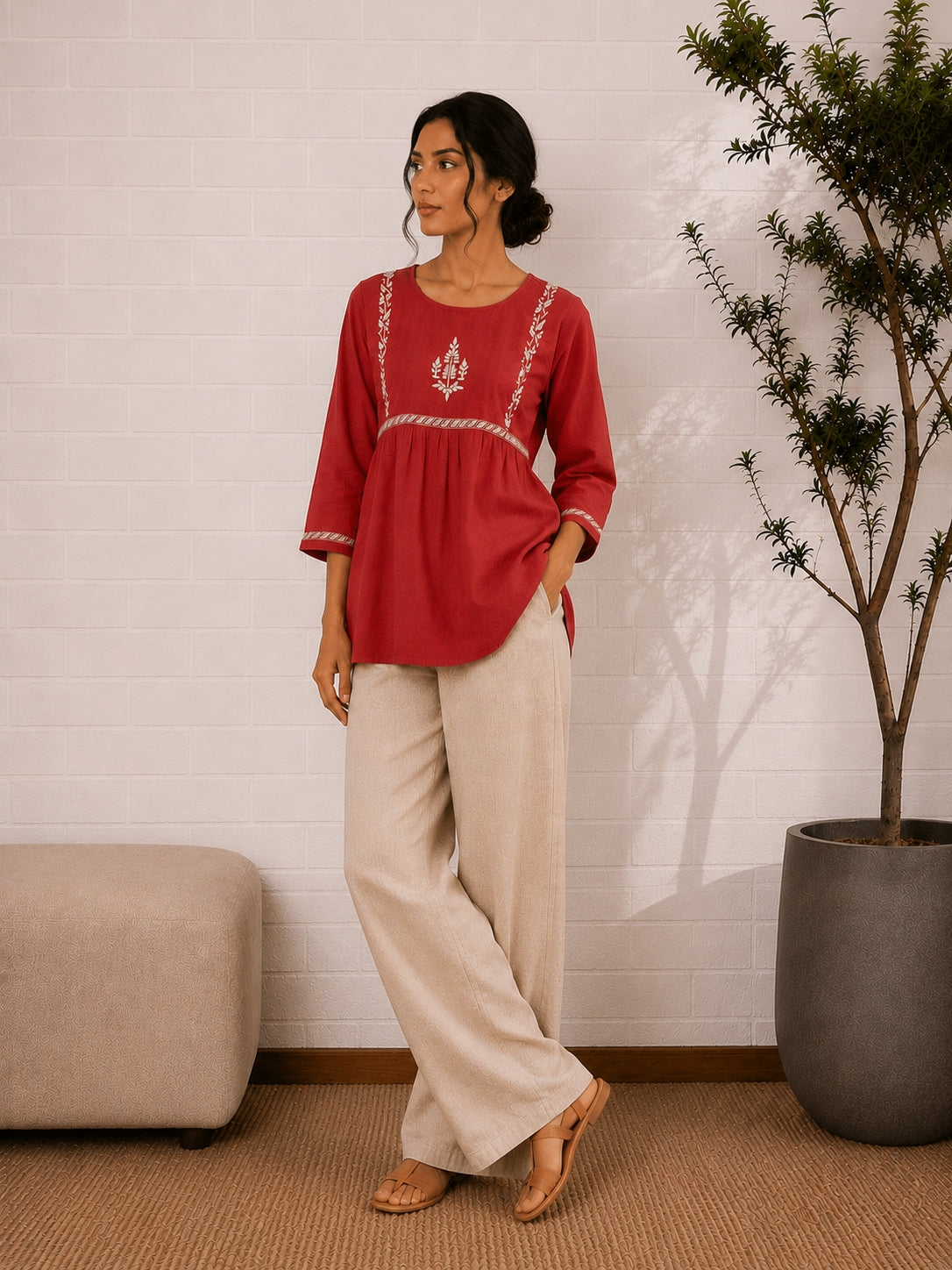 Gharana India Saheba Chikankari Red Cotton Top | Grocsy