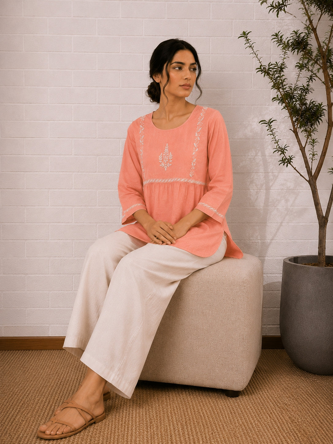 Gharana India Saheba Chikankari Peach Cotton Top | Grocsy