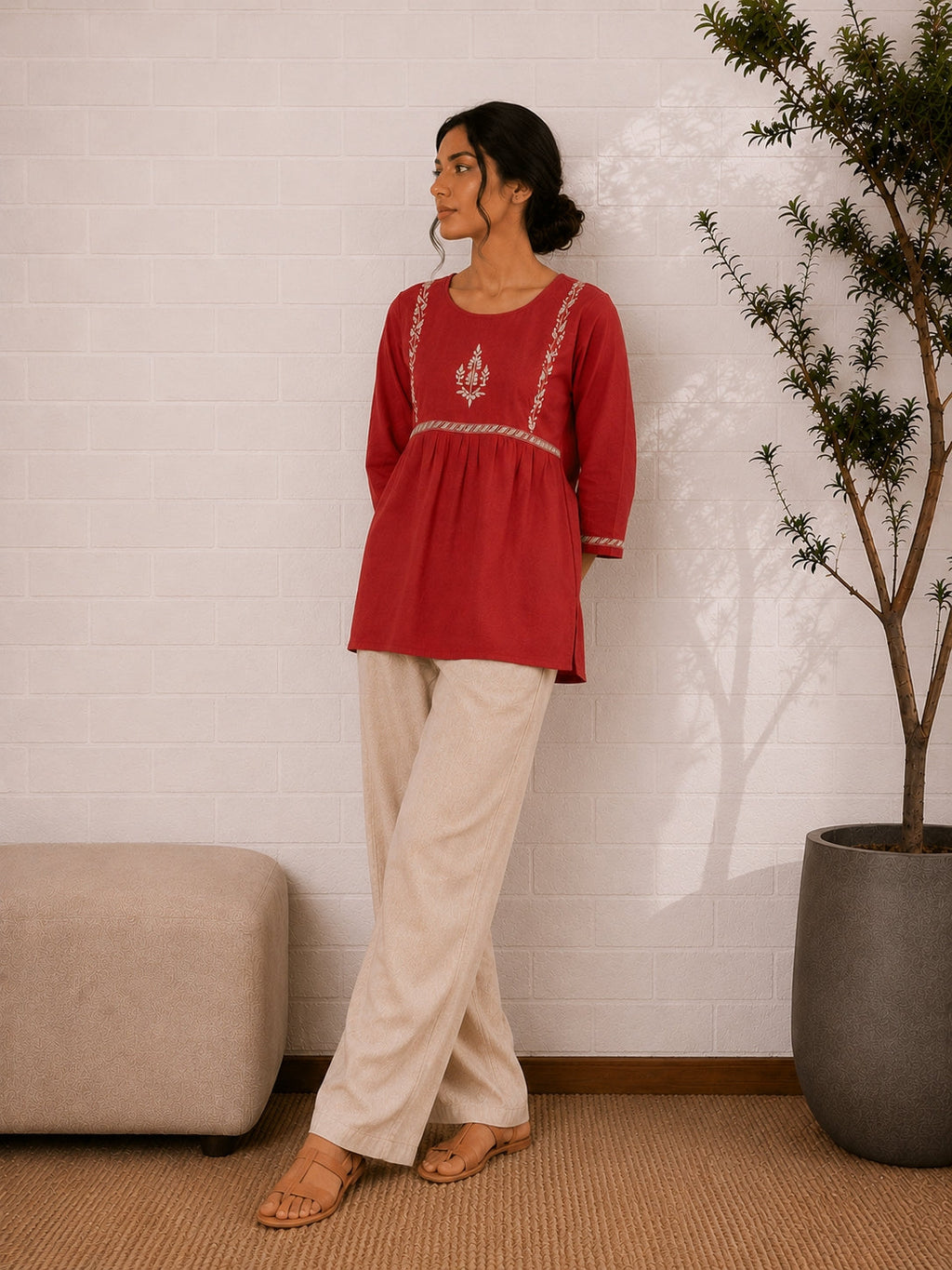 Gharana India Saheba Chikankari Red Cotton Top | Grocsy
