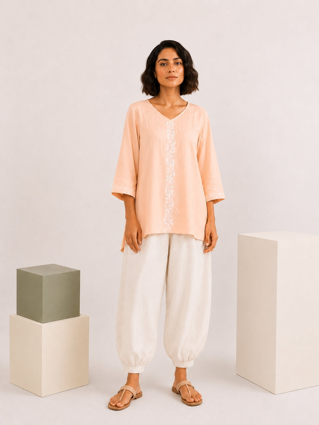 Gharana India Luxury Rayon Peach Coloured Chikankari Top | Grocsy