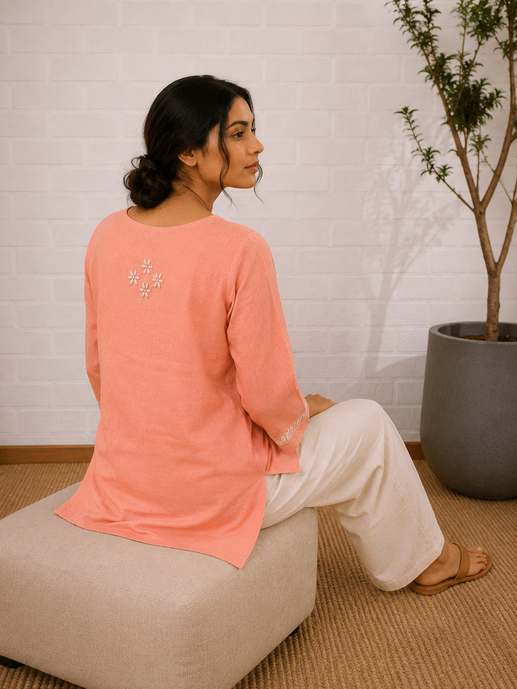 Gharana India Saheba Chikankari Peach Cotton Top | Grocsy