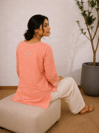 Gharana India Saheba Chikankari Peach Cotton Top | Grocsy