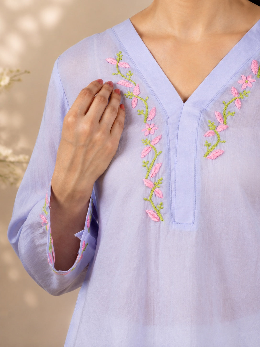 Gharana India Modal Lavender Top With Chikankari In Coloured Thread | Grocsy