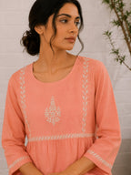 Gharana India Saheba Chikankari Peach Cotton Top | Grocsy