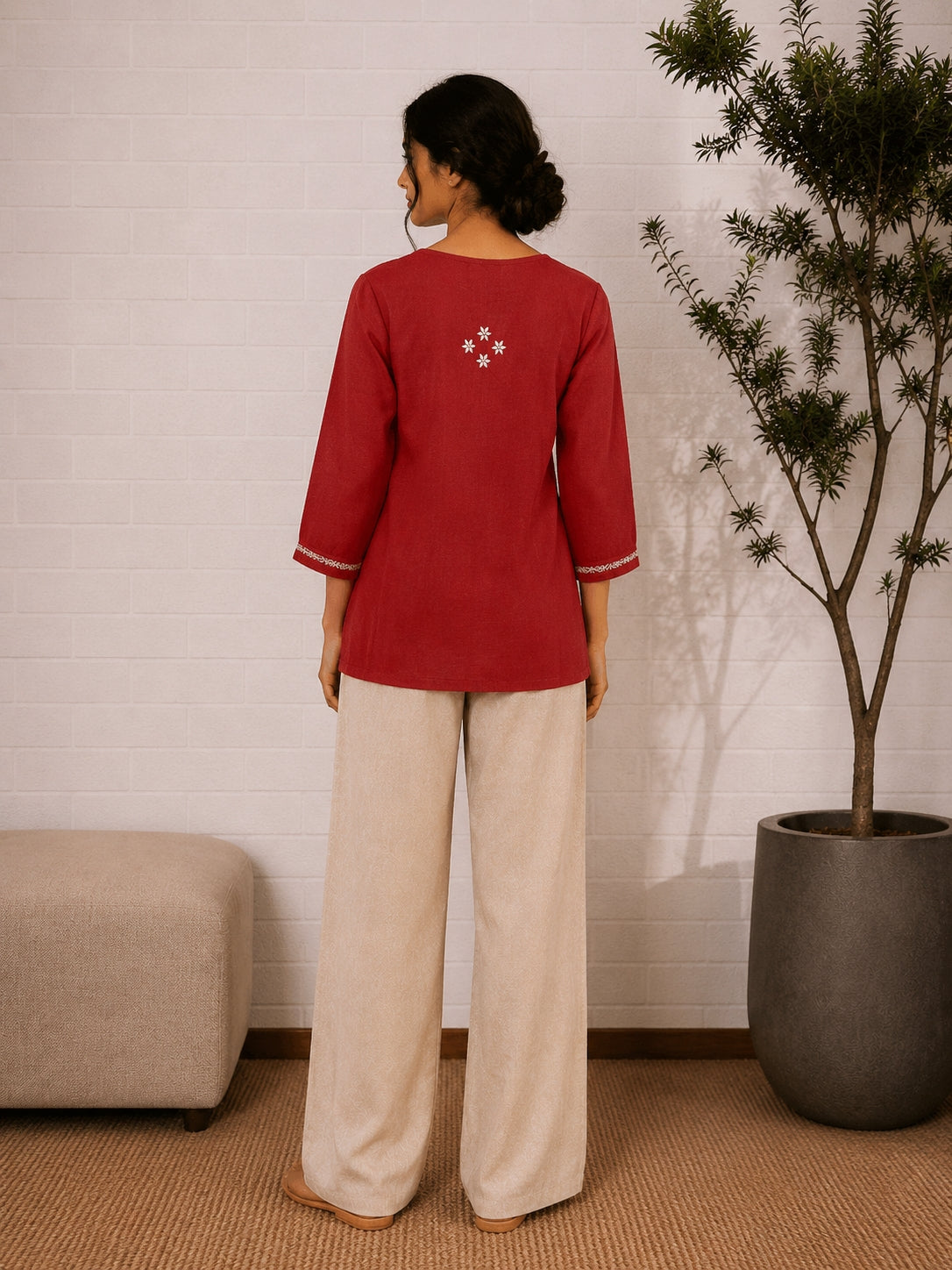 Gharana India Saheba Chikankari Red Cotton Top | Grocsy