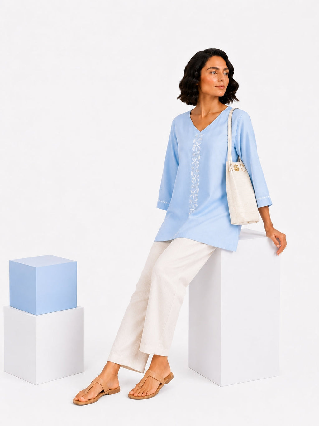 Gharana India Luxury Rayon Powder Blue Coloured Chikankari Top | Grocsy