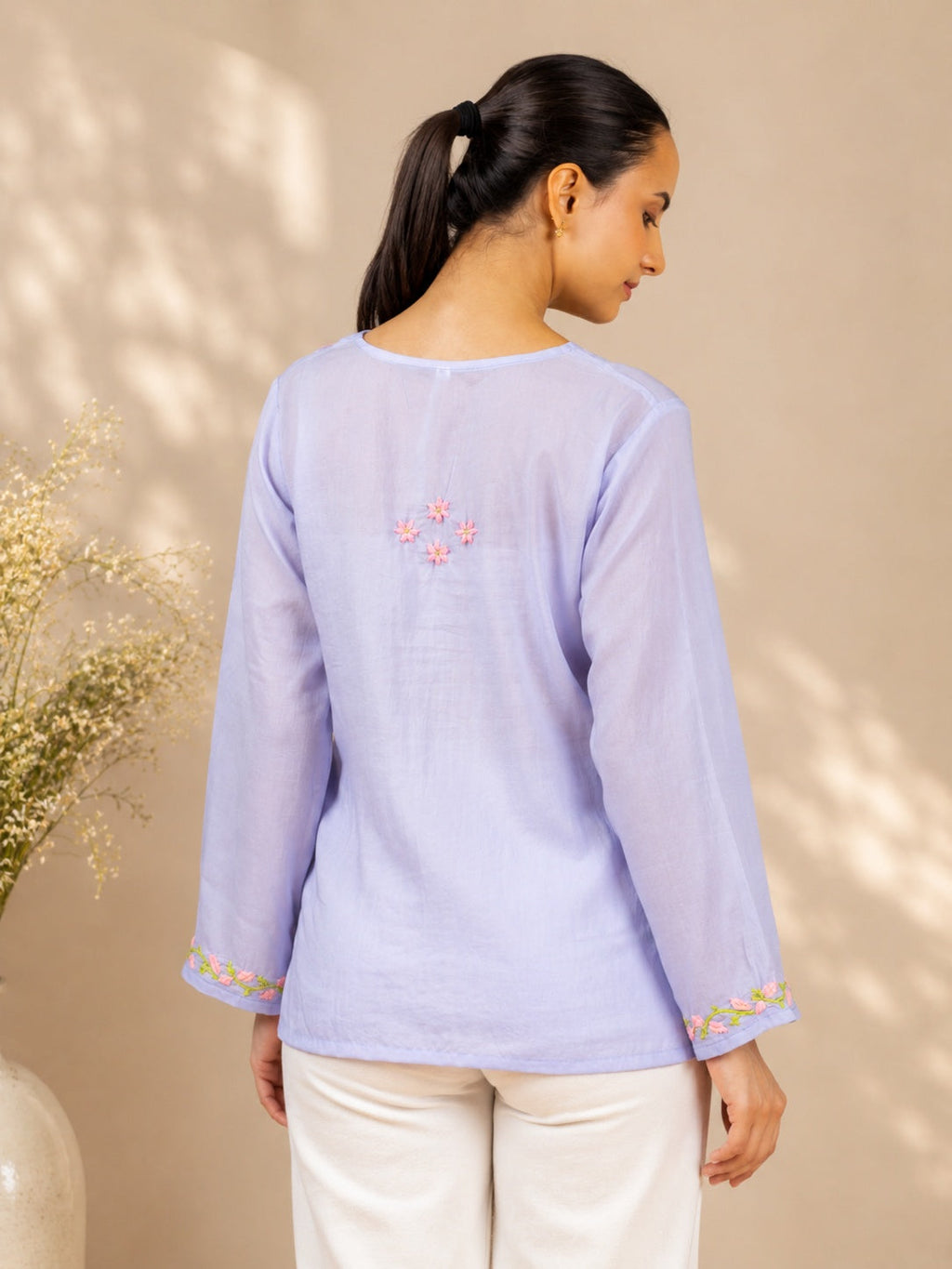 Gharana India Modal Lavender Top With Chikankari In Coloured Thread | Grocsy