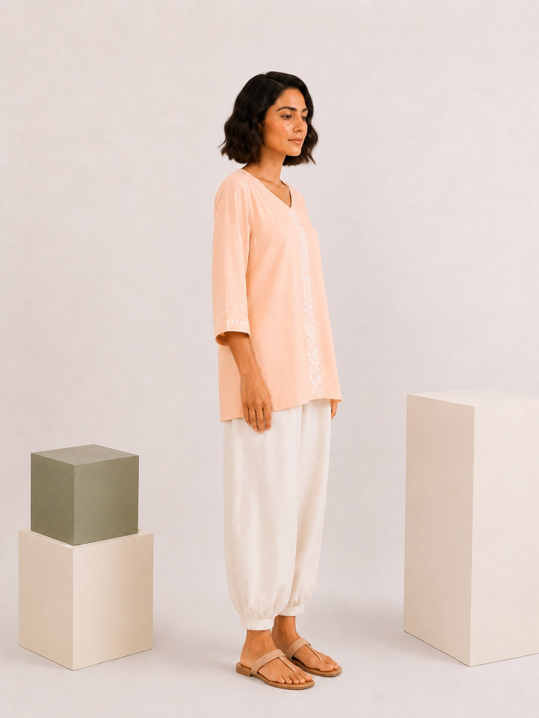 Gharana India Luxury Rayon Peach Coloured Chikankari Top | Grocsy
