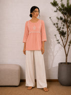 Gharana India Saheba Chikankari Peach Cotton Top | Grocsy