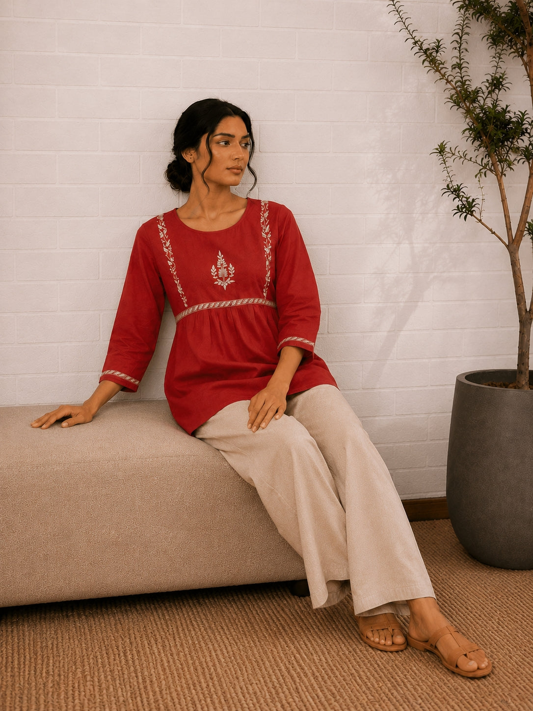 Gharana India Saheba Chikankari Red Cotton Top | Grocsy