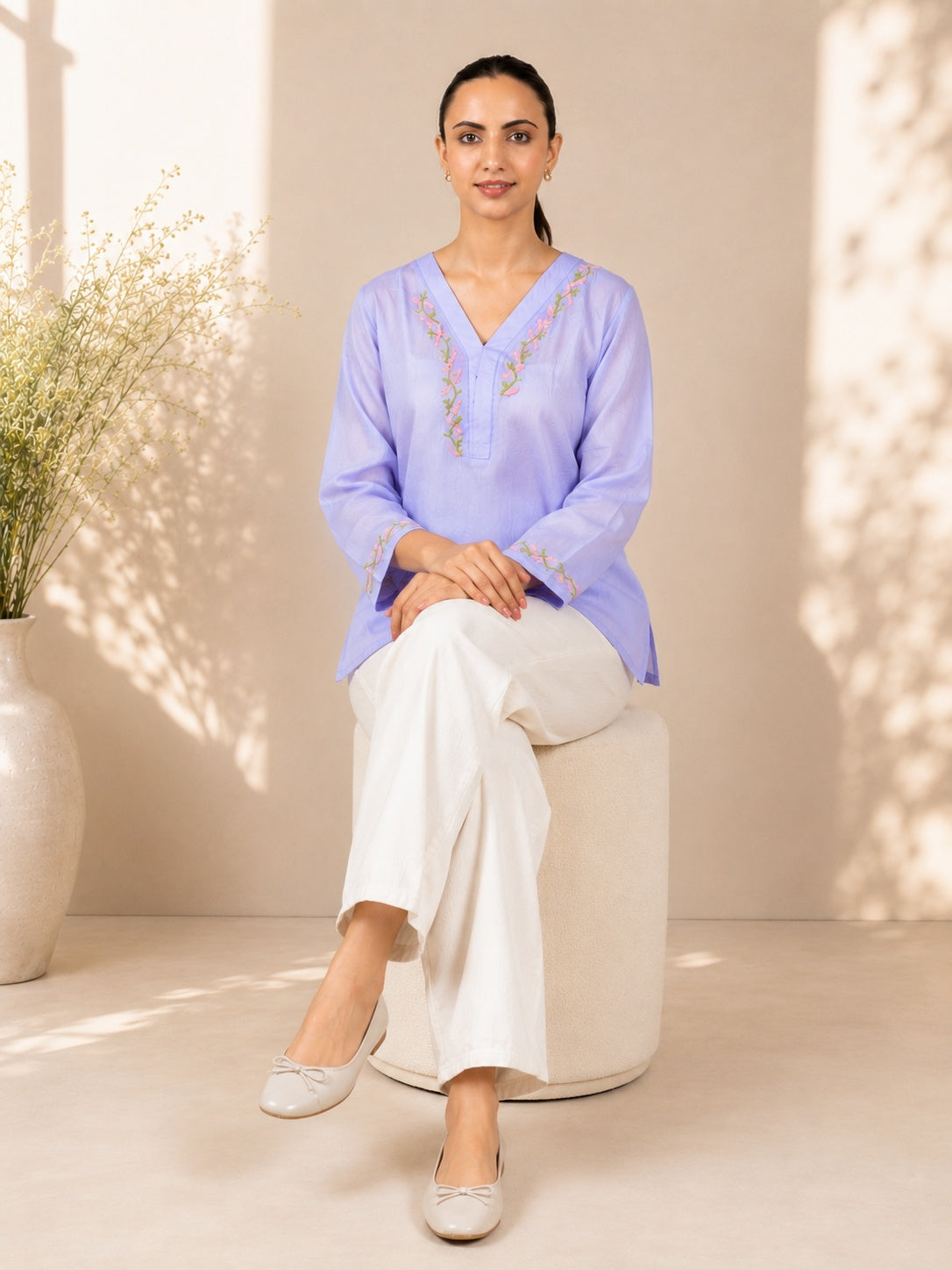 Gharana India Modal Lavender Top With Chikankari In Coloured Thread | Grocsy