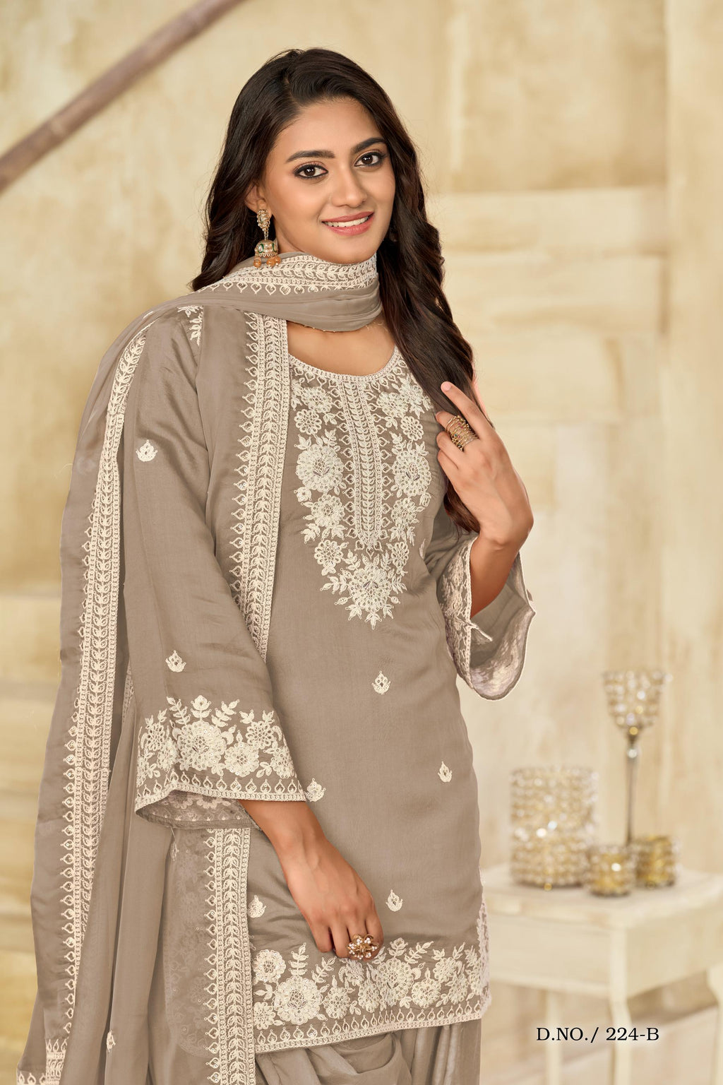 Anaita Beige Premium Thread Embroidered Roman Silk Salwar Suit | Grocsy