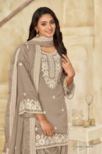 Anaita Beige Premium Thread Embroidered Roman Silk Salwar Suit | Grocsy