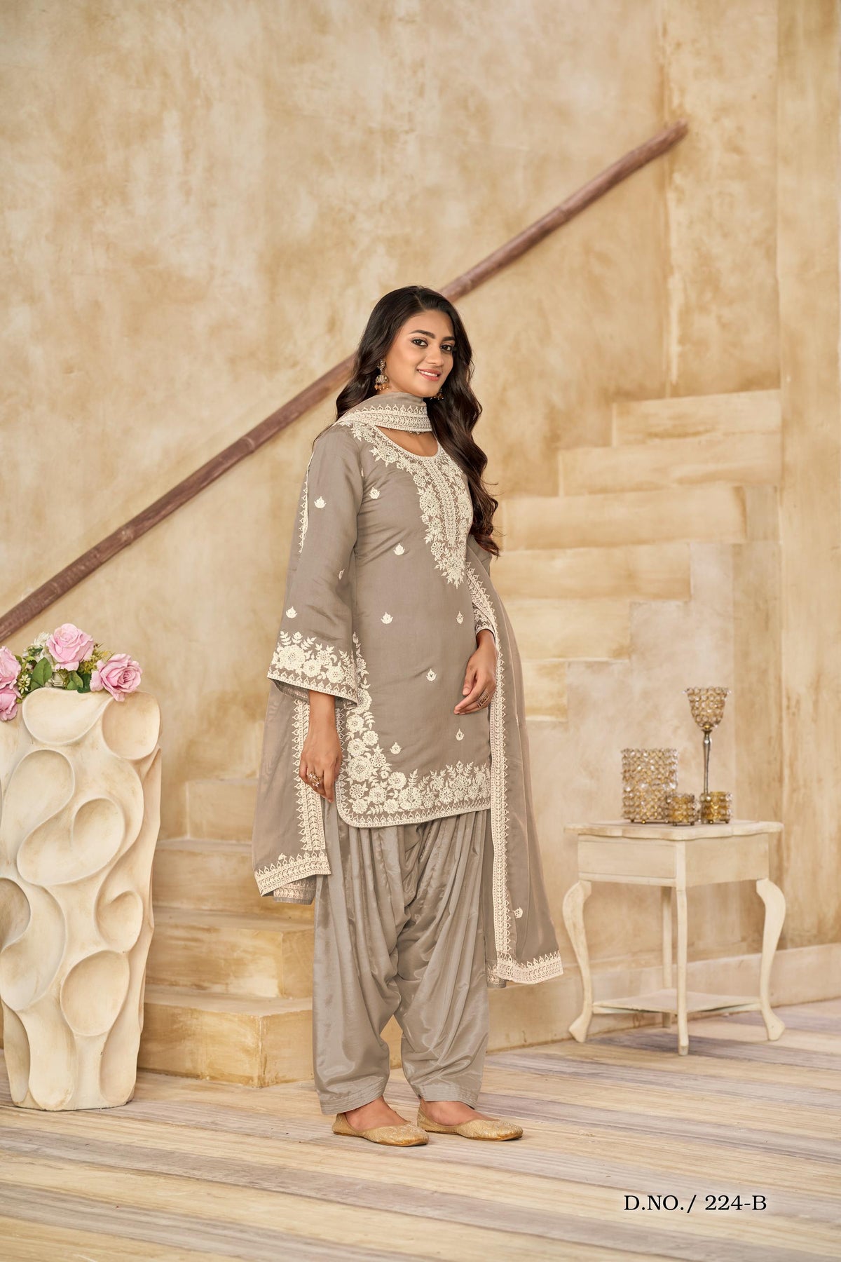 Anaita Beige Premium Thread Embroidered Roman Silk Salwar Suit | Grocsy