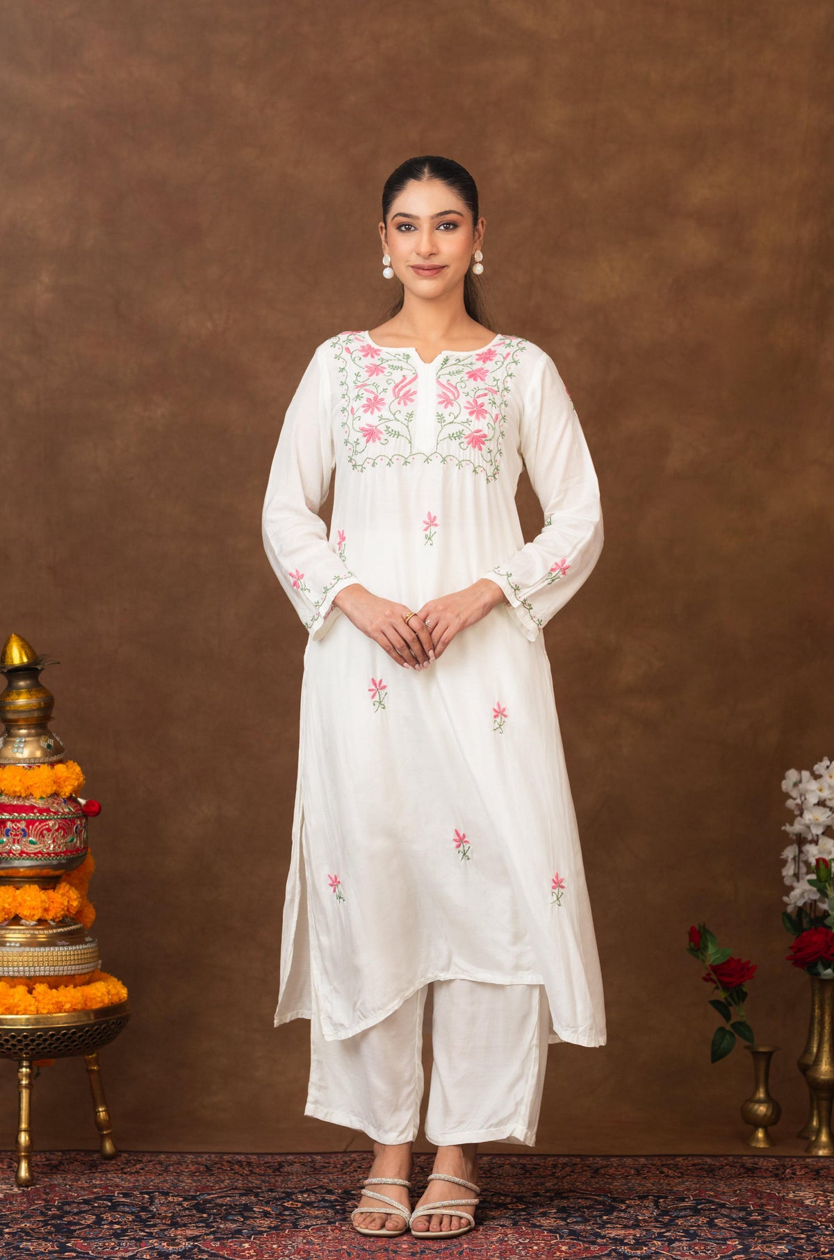Gharana India Muslin Kurta In Multi Colour Embroidery | Grocsy