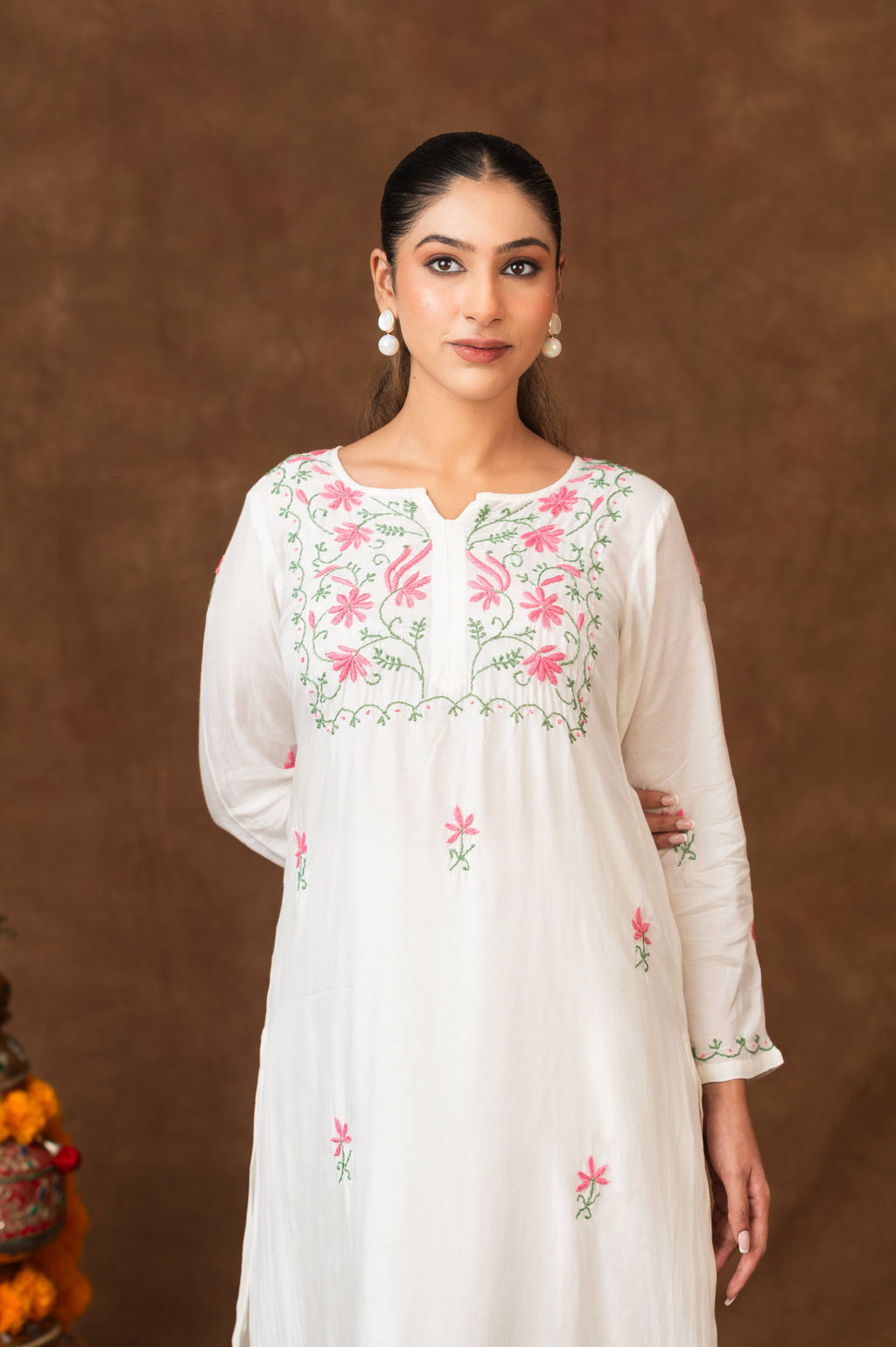 Gharana India Muslin Kurta In Multi Colour Embroidery | Grocsy