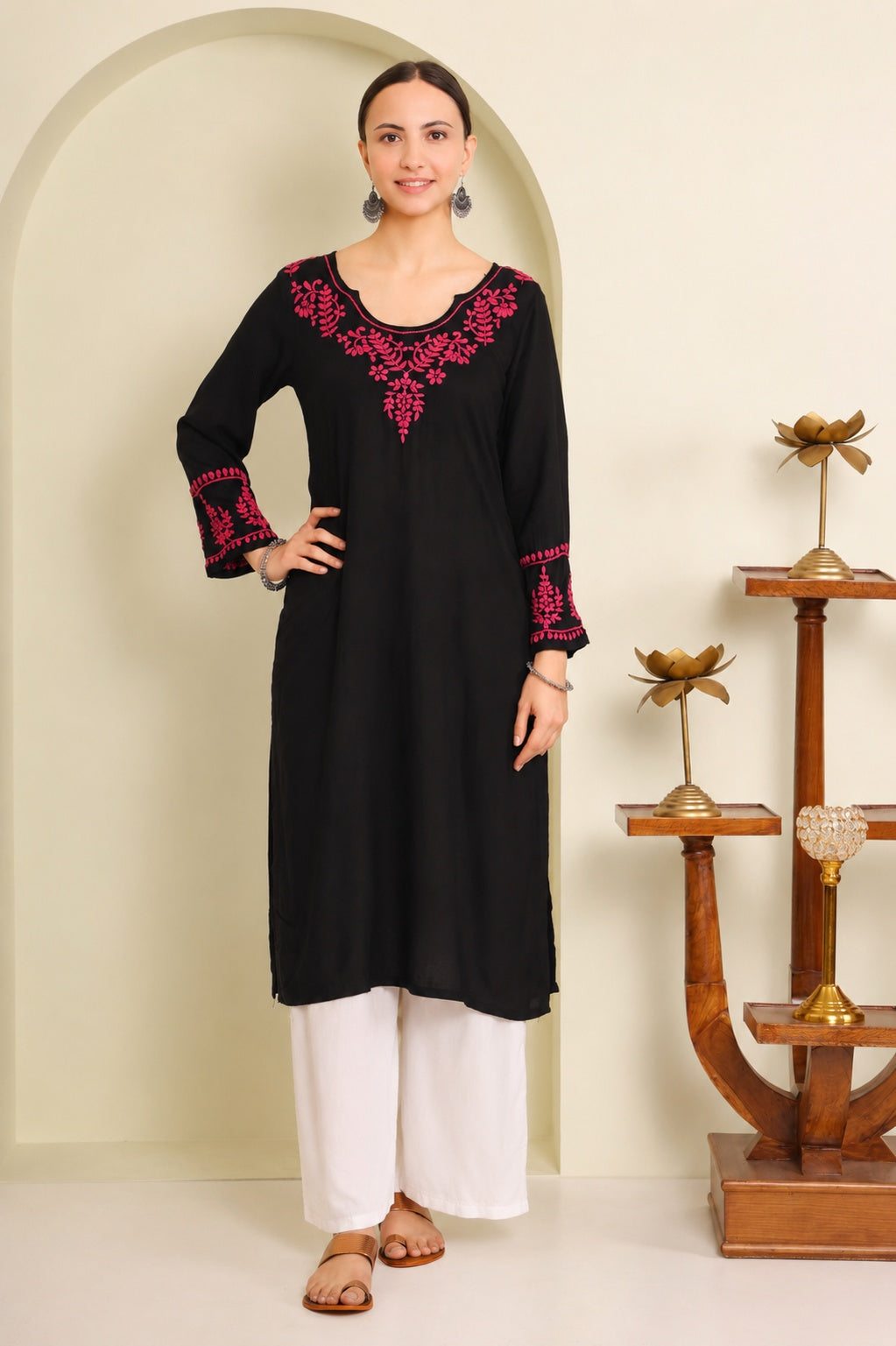 Gharana India Half Modal Black Chikankari Kurta With Pink Coloured Thread Embroidery | Grocsy