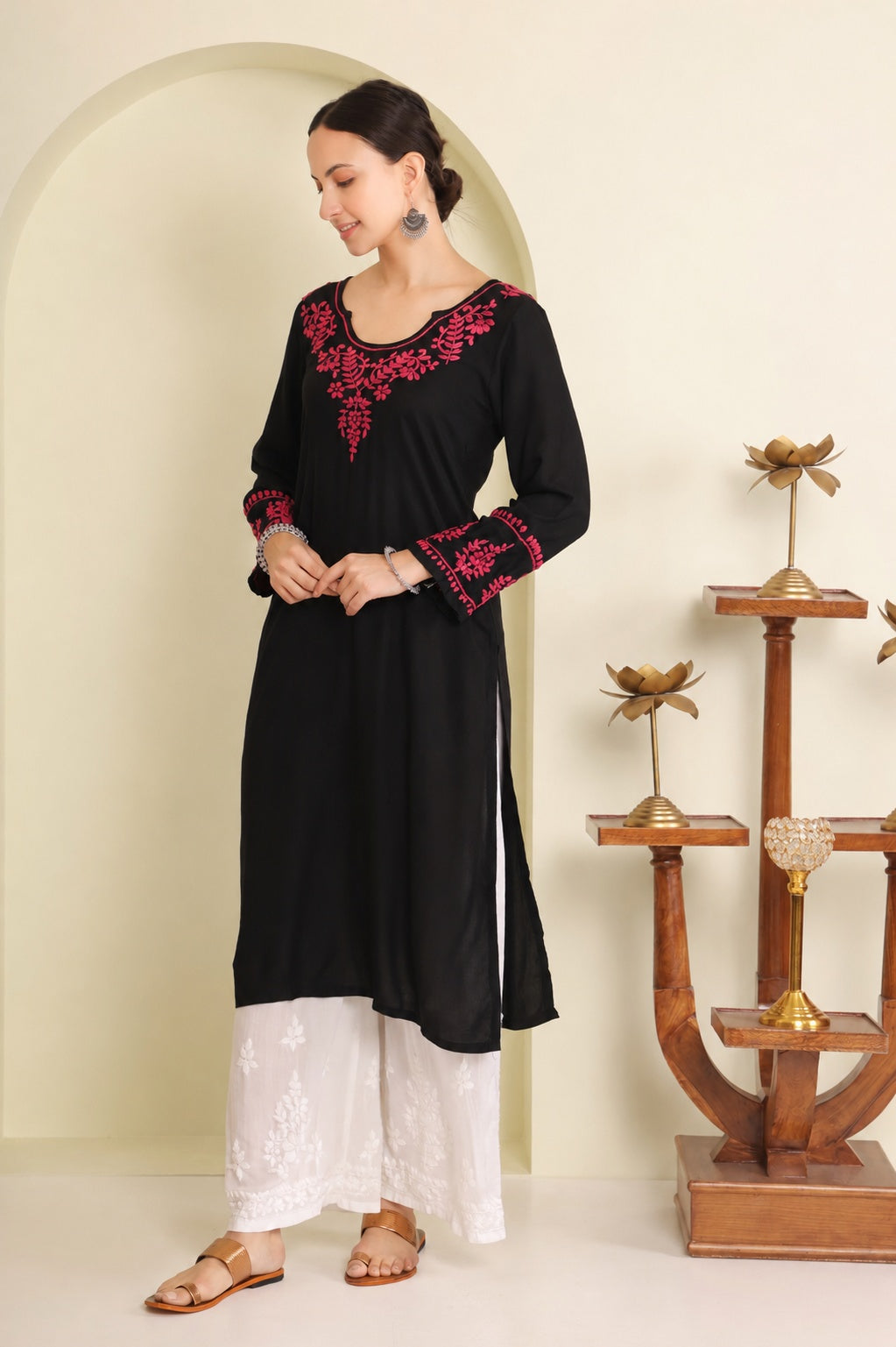 Gharana India Half Modal Black Chikankari Kurta With Pink Coloured Thread Embroidery | Grocsy