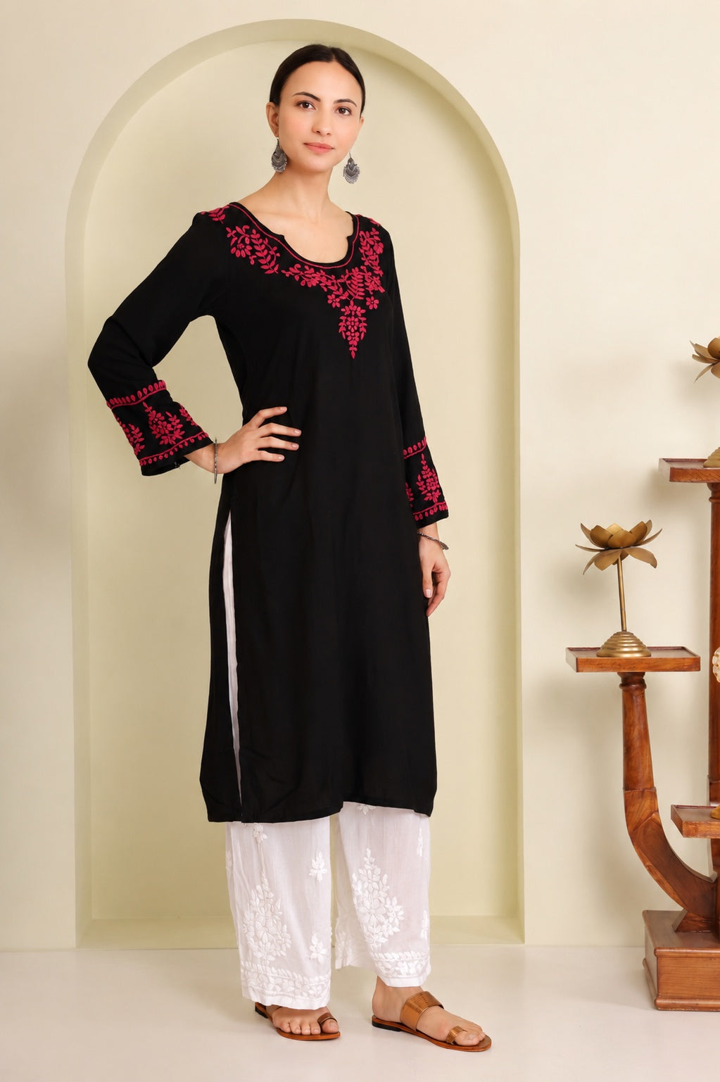 Gharana India Half Modal Black Chikankari Kurta With Pink Coloured Thread Embroidery | Grocsy