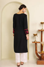 Gharana India Half Modal Black Chikankari Kurta With Pink Coloured Thread Embroidery | Grocsy