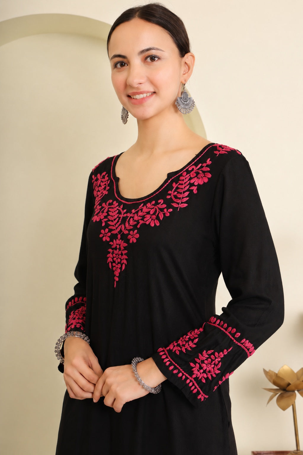 Gharana India Half Modal Black Chikankari Kurta With Pink Coloured Thread Embroidery | Grocsy