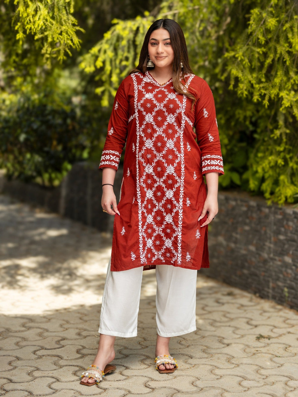 Gharana India Mul Cotton Maroon Kurta With Fine Chikankari Heavy Embroidery In White Thread | Grocsy