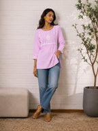 Gharana India Saheba Chikankari Lavender Cotton Top | Grocsy
