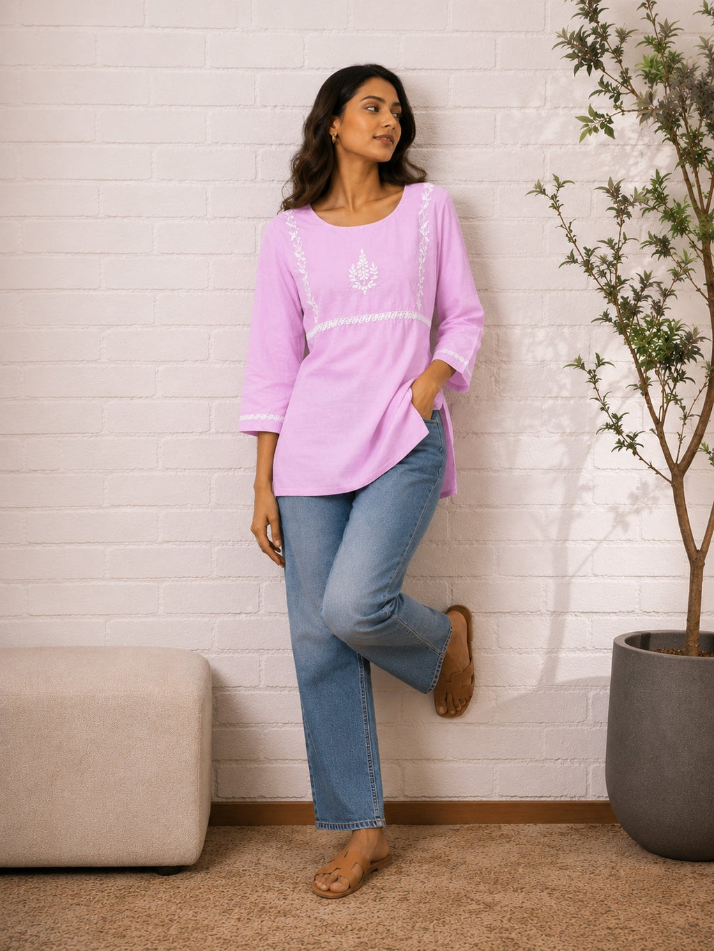 Gharana India Saheba Chikankari Lavender Cotton Top | Grocsy
