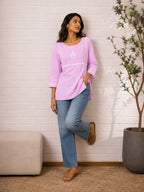 Gharana India Saheba Chikankari Lavender Cotton Top | Grocsy