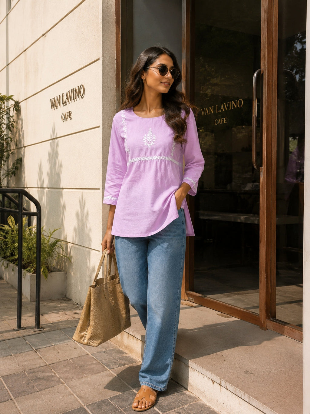 Gharana India Saheba Chikankari Lavender Cotton Top | Grocsy