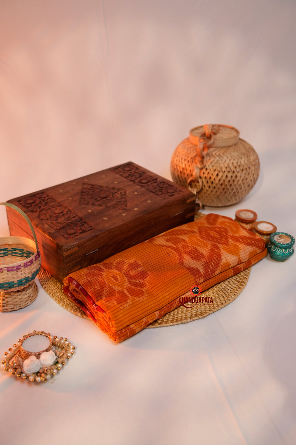 khanduapata Orange & Maroon Colour Design Cotton Saree For Women | Grocsy