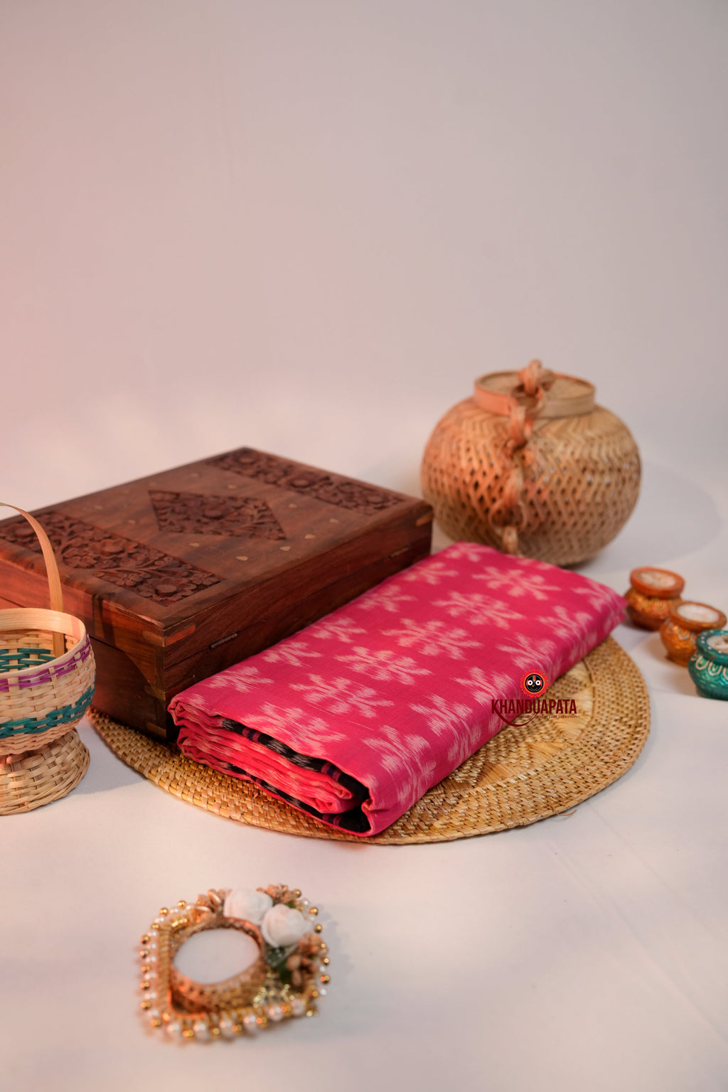 khanduapata Pink & Black Colour Flower Design Cotton Saree For Women | Grocsy