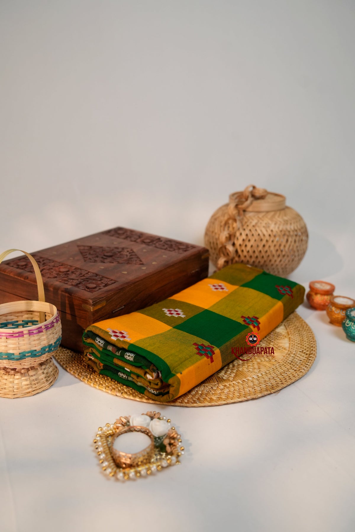 khanduapata Green & Orange Colour Check Design Cotton Saree For Women | Grocsy