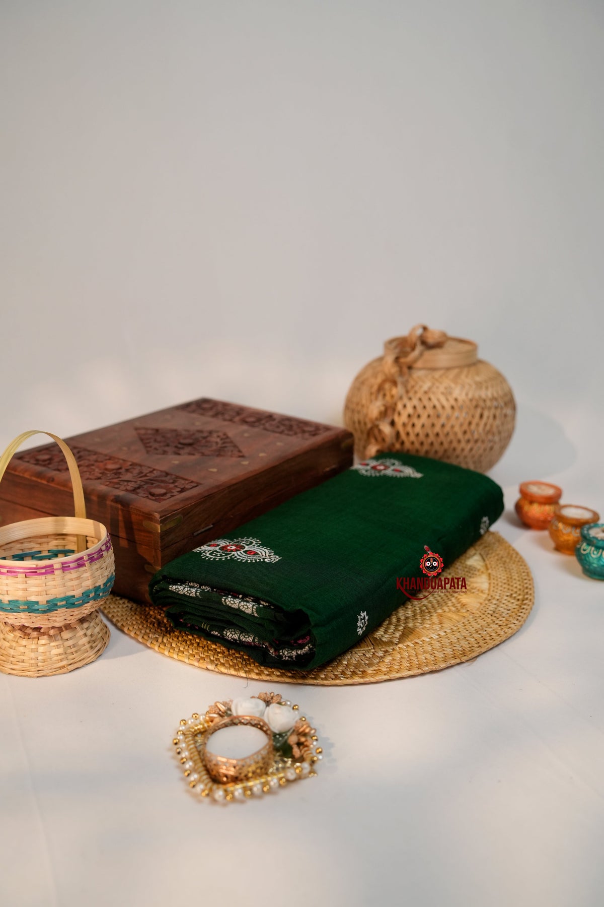 khanduapata Green & Black Embroidery Design Cotton Saree For Women | Grocsy