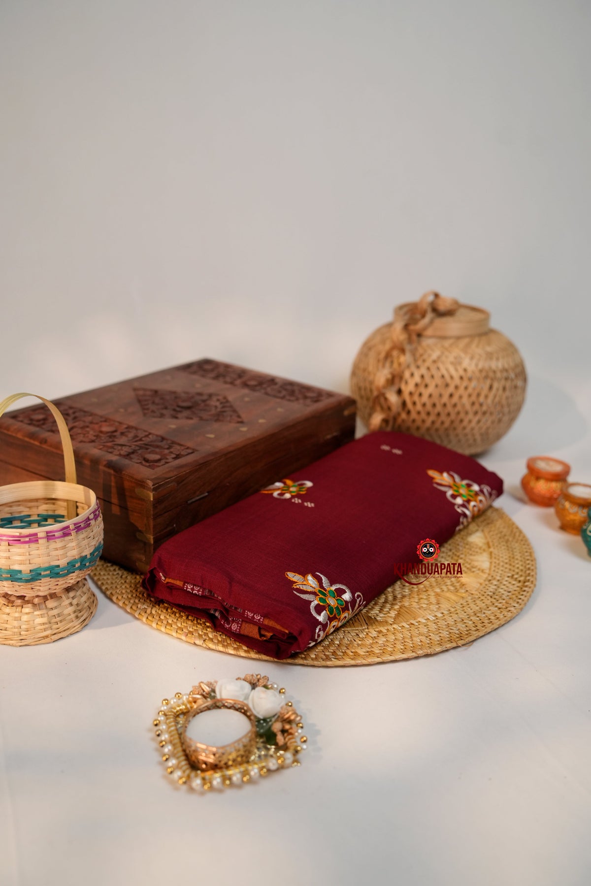 khanduapata Maroon Colour Flower Design Cotton Saree For Women | Grocsy