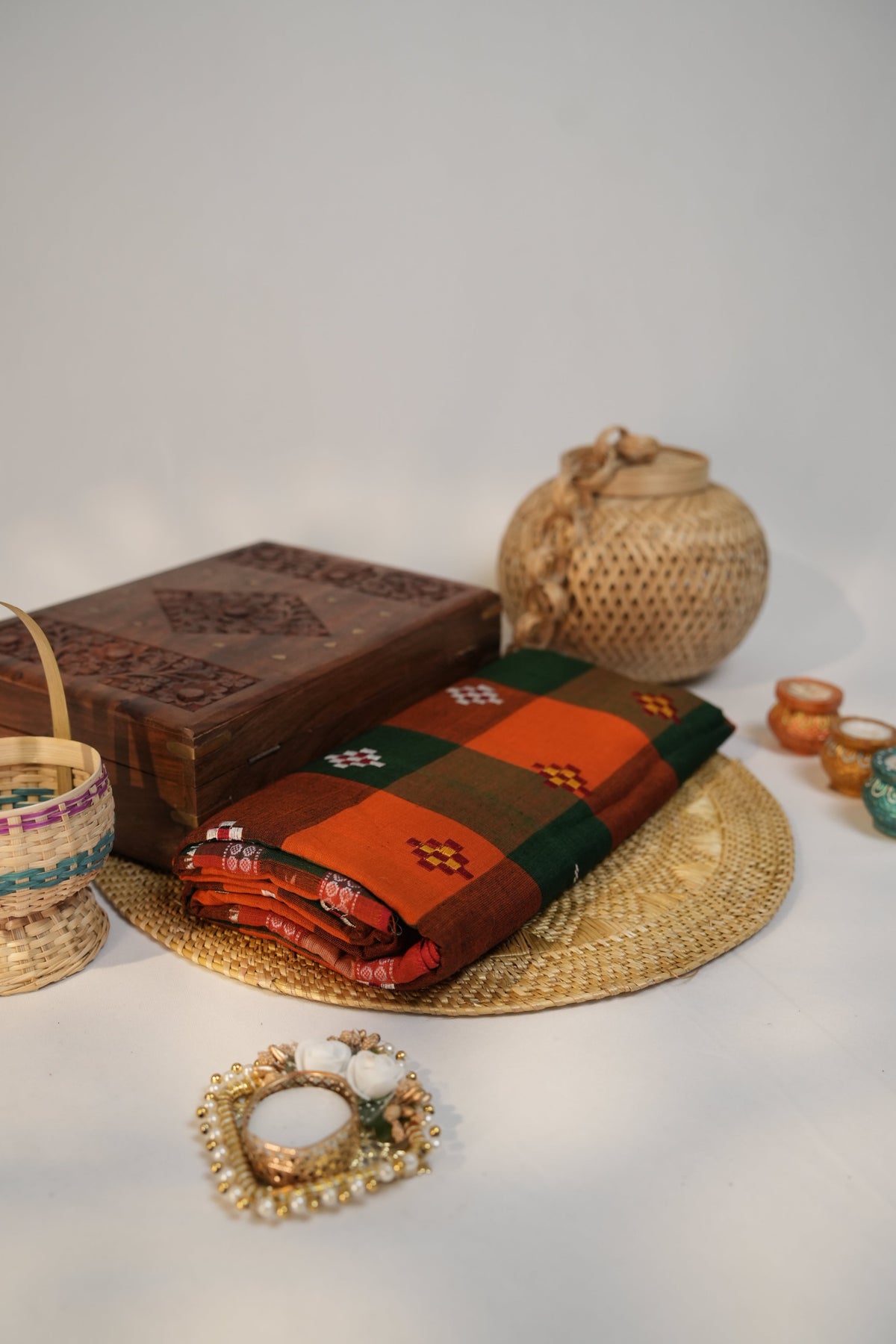 khanduapata Orange & Green Colour Check Design Cotton Saree For Women | Grocsy