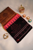 khanduapata Pink & Black Colour Pasapali Border Design Cotton Saree For Women | Grocsy