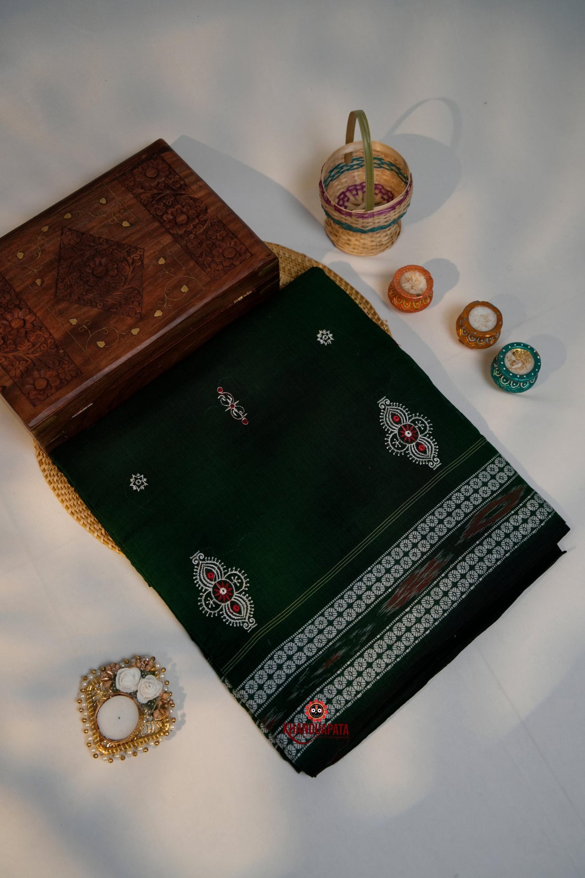 khanduapata Green & Black Embroidery Design Cotton Saree For Women | Grocsy