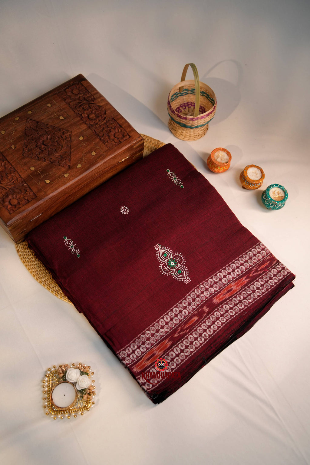 khanduapata Maroon & Green Colour Design Cotton Saree For Women | Grocsy