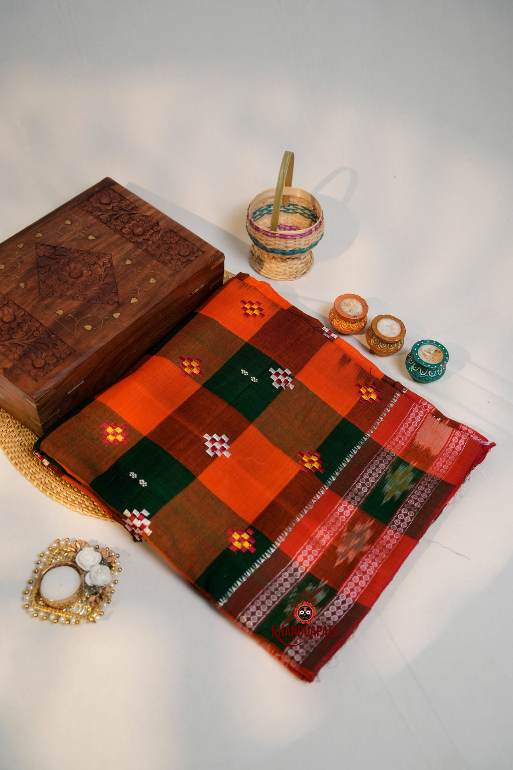 khanduapata Orange & Green Colour Check Design Cotton Saree For Women | Grocsy